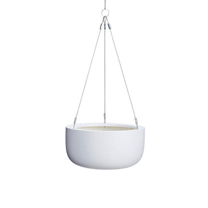 White hanging planter pot with metal support cords