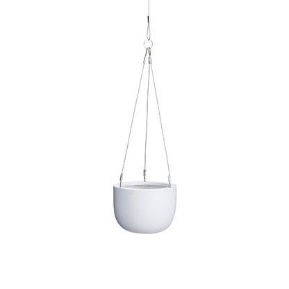 Light gray hanging planter pot with metal support cords