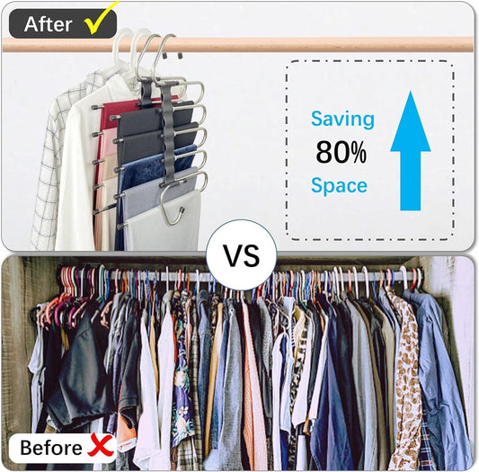 Space-saving pant hangers on a closet rod with multiple stacked metal clips