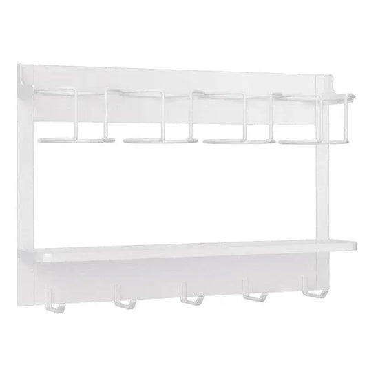 White wall-mounted magnetic mug holder rack with cup slots and hanging hooks