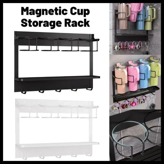 Magnetic mug holder rack shown in black with cup slots, plus a white version