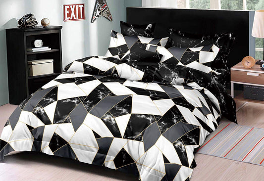 Super king quilt duvet cover set with black-and-white geometric triangle pattern