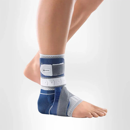 Ankle brace with blue and gray support panels and strap on an ankle