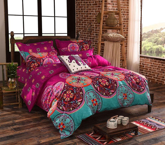 Duvet quilt cover set in magenta and teal with paisley mandala floral pattern