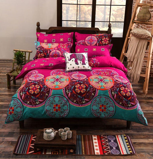 Duvet quilt cover set featuring magenta, teal, and multicolor circular mandala designs