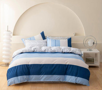 Striped quilt cover set with blue and white duvet and matching pillowcases