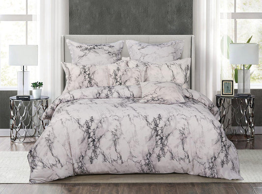 Marble-pattern duvet cover set with pillowcases, white with dark grey veining