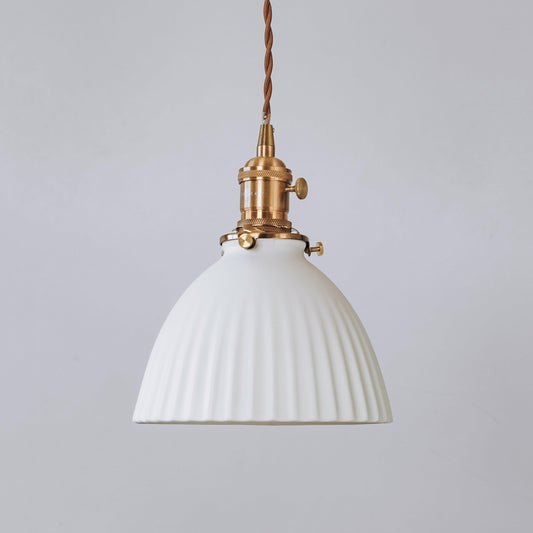 Ceramic pleated pendant light with white ribbed shade and brass hardware