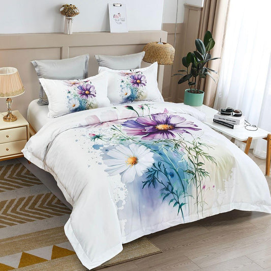 King-size floral quilt cover set on bed: white duvet with large purple flower print and two pillows