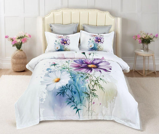Super king floral quilt cover set with white base and large purple and blue blossoms