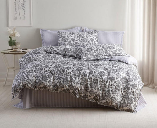 Super king quilt cover set with grey floral pattern and vertical stripe panels, neatly styled