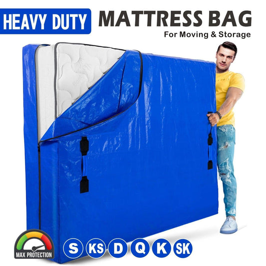Blue plastic mattress storage bag with zipper and top handles, single-size cover
