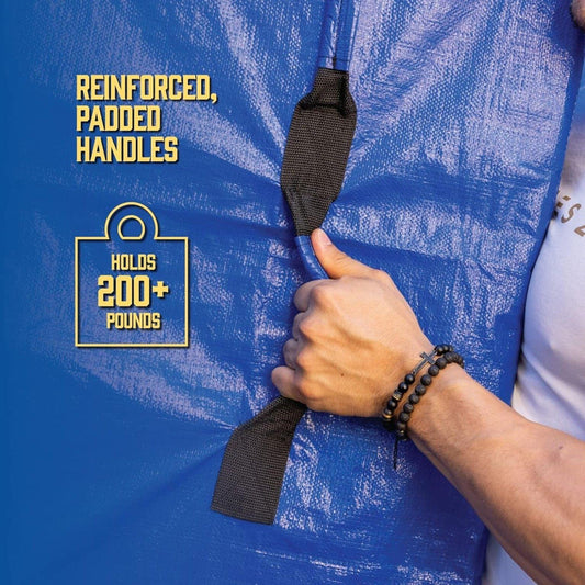 Blue mattress bag with reinforced padded carrying handle and stitched seam detail