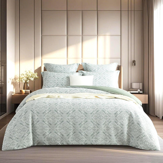 Sage green jacquard king quilt cover set with diamond pattern and matching pillow shams