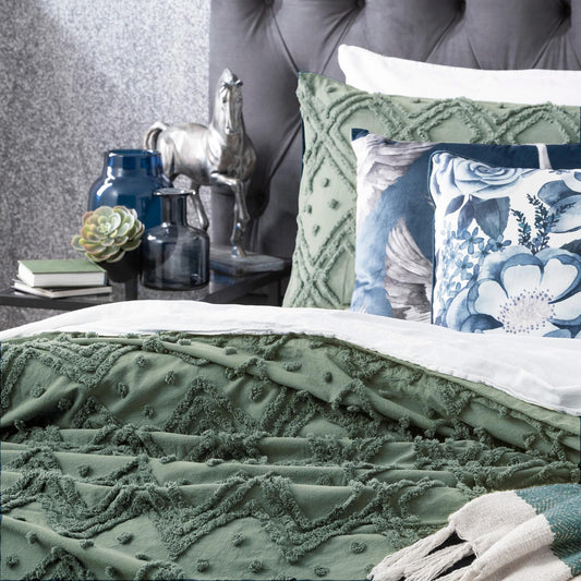Sage green tufted king quilt cover with medallion pattern and stitched texture