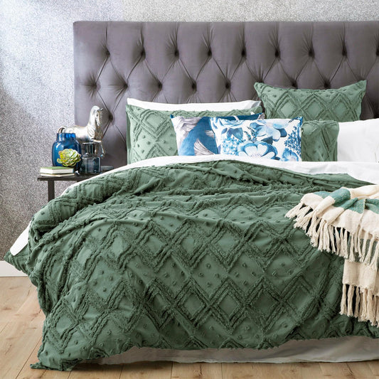 Sage cotton quilt cover set with tufted diamond pattern and fringed edges