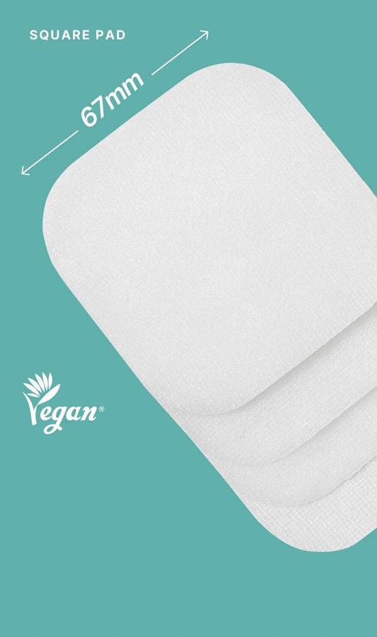 Square blemish pad, white pad marked 67mm with Vegan symbol
