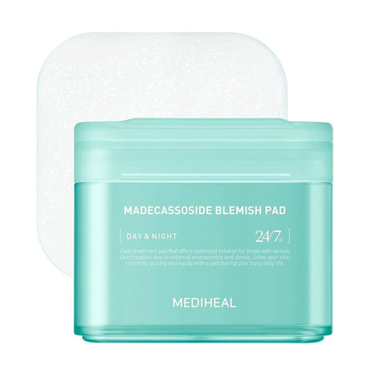MEDIHEAL blemish pad container, light teal jar with front label and 24/7 text