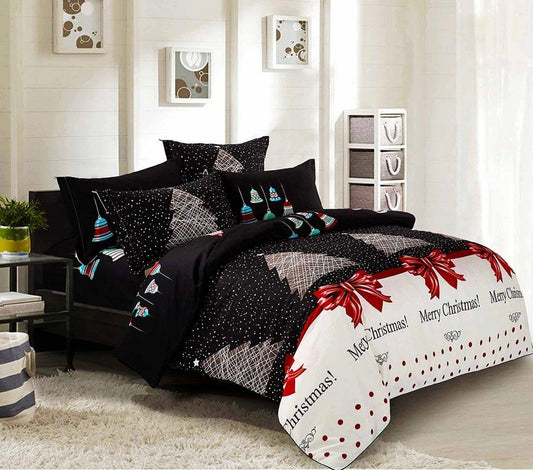 Christmas duvet cover set with black star pattern, white red bow print, and matching pillows