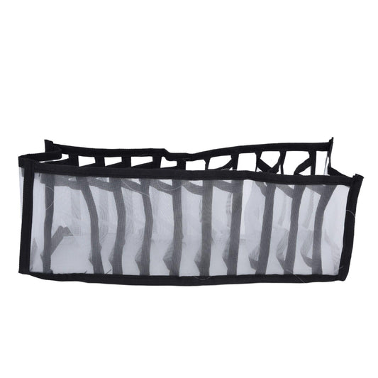 Mesh storage drawer organizer, black frame with open top, striped translucent fabric front
