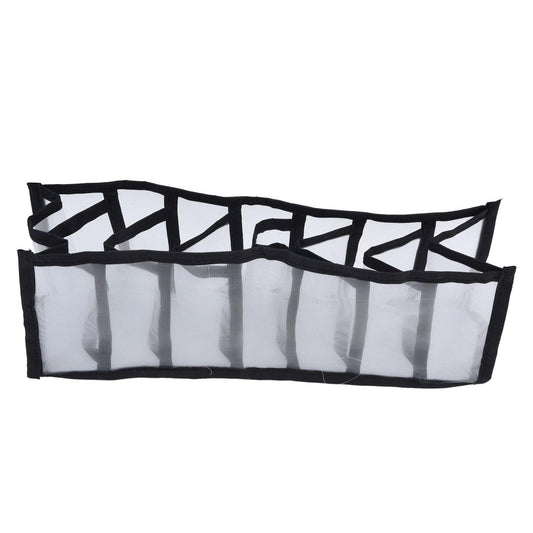 7-cell foldable mesh storage drawer divider with black trim and clear compartments.