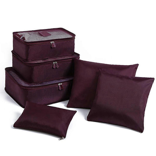 Burgundy mesh packing cube set with zipper compartments and foldable organizers