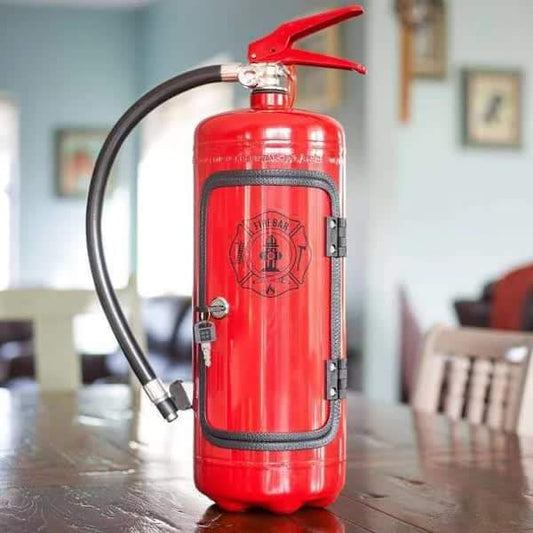 Red metal fire extinguisher wine storage wall decor with front window panel