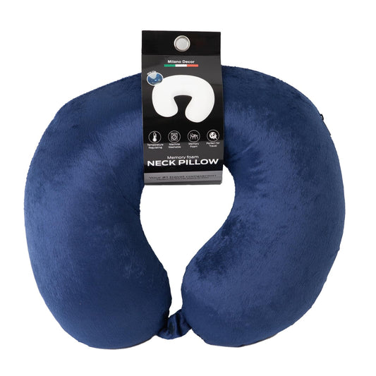 Blue memory foam travel neck pillow with U-shape neck support
