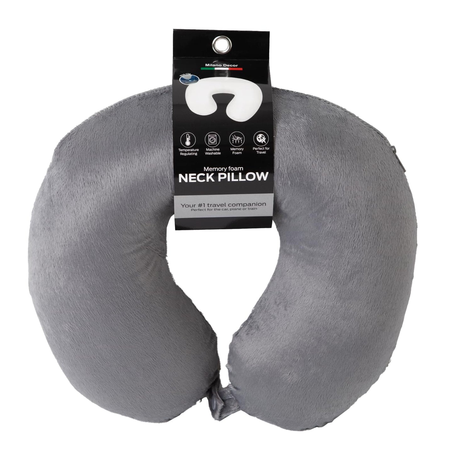 Grey memory-foam travel neck pillow with center cutout and attached clip