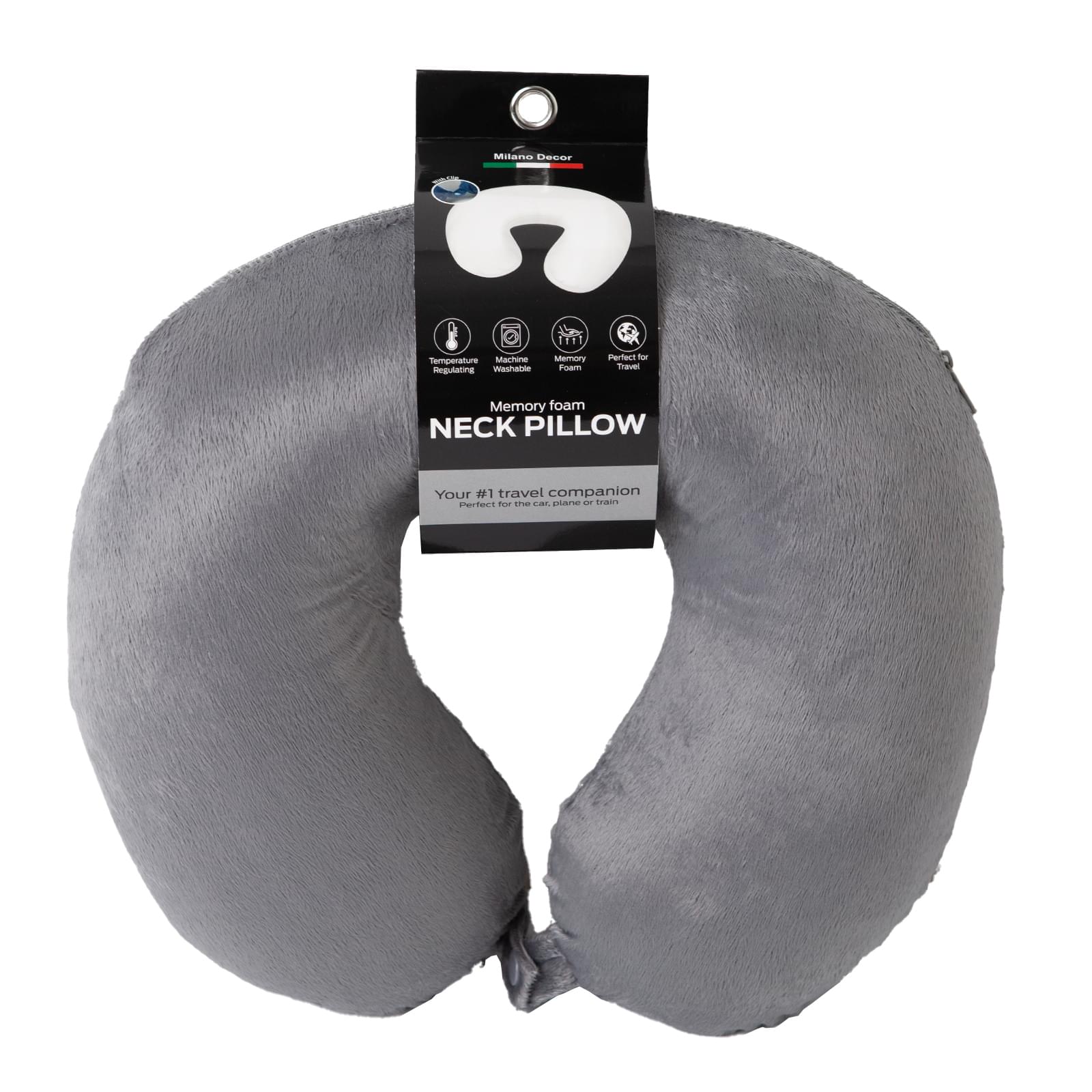Grey memory-foam travel neck pillow with center cutout and attached clip