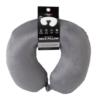 Grey memory-foam travel neck pillow with center cutout and attached clip