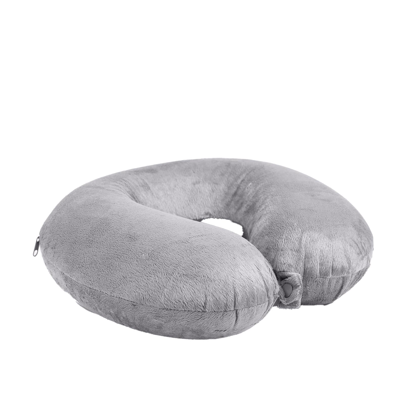 Grey U-shaped travel neck pillow with clip attachment at the back