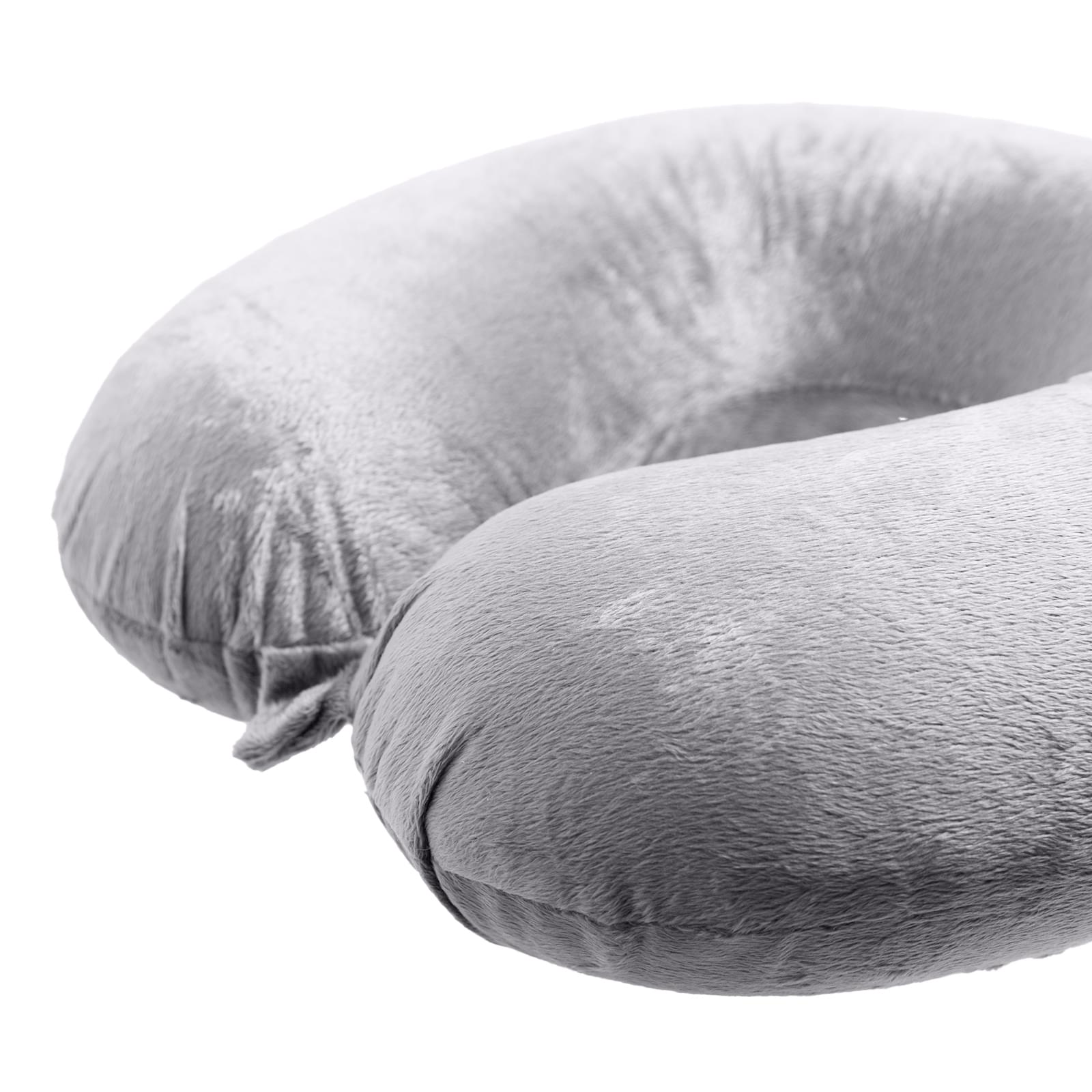 Grey memory-foam travel neck pillow with plush fabric and U-shaped design