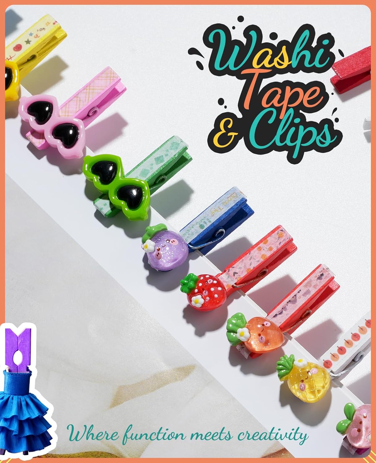 Mini Clothespins,  100 Pcs 1.4'' Strong Mini Clothespins for Photos with 10 Pcs Washi Tapes and 43 Ft Jute Twine, Colorful Wooden Small Clothes Pins for Picture, Crafts, Baby Shower