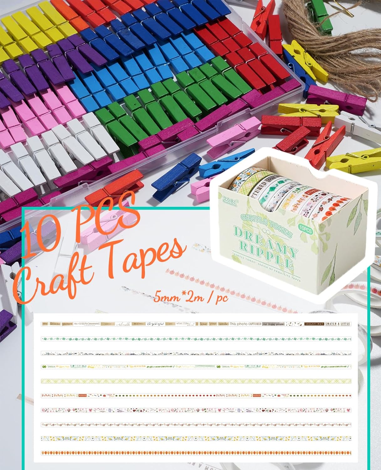 Mini Clothespins,  100 Pcs 1.4'' Strong Mini Clothespins for Photos with 10 Pcs Washi Tapes and 43 Ft Jute Twine, Colorful Wooden Small Clothes Pins for Picture, Crafts, Baby Shower