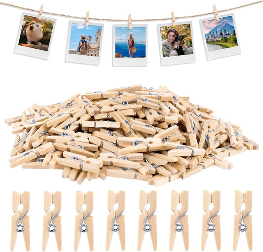 Mini wooden clothespins with metal springs, assorted clips