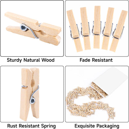 Mini Clothespins for Photo - 200 Pcs 1 Inch Small Natural Wooden Clothes Pins for Crafts with 33 FT Jute Twine Mini Photo Clips for Photos Display Cocktail Decoration