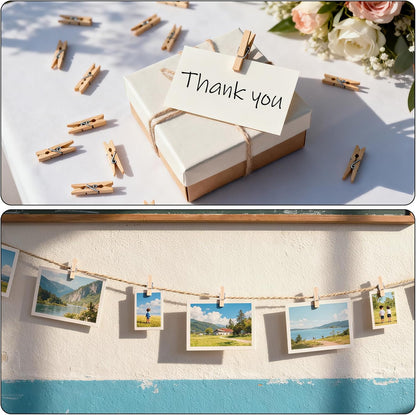 Mini Clothespins for Photo - 200 Pcs 1 Inch Small Natural Wooden Clothes Pins for Crafts with 33 FT Jute Twine Mini Photo Clips for Photos Display Cocktail Decoration