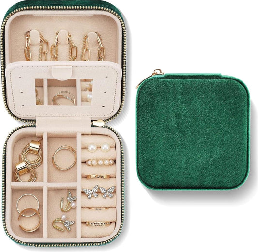 Green mini jewelry box with mirror and zipper, open ring and earring compartments