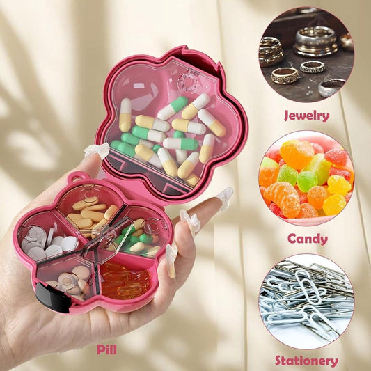 Flower-shaped mini pill box with open compartments, holding colorful pills and tablets