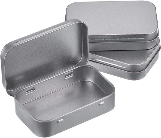 Rectangular hinged metal storage tin with open lid, silver color, empty interior