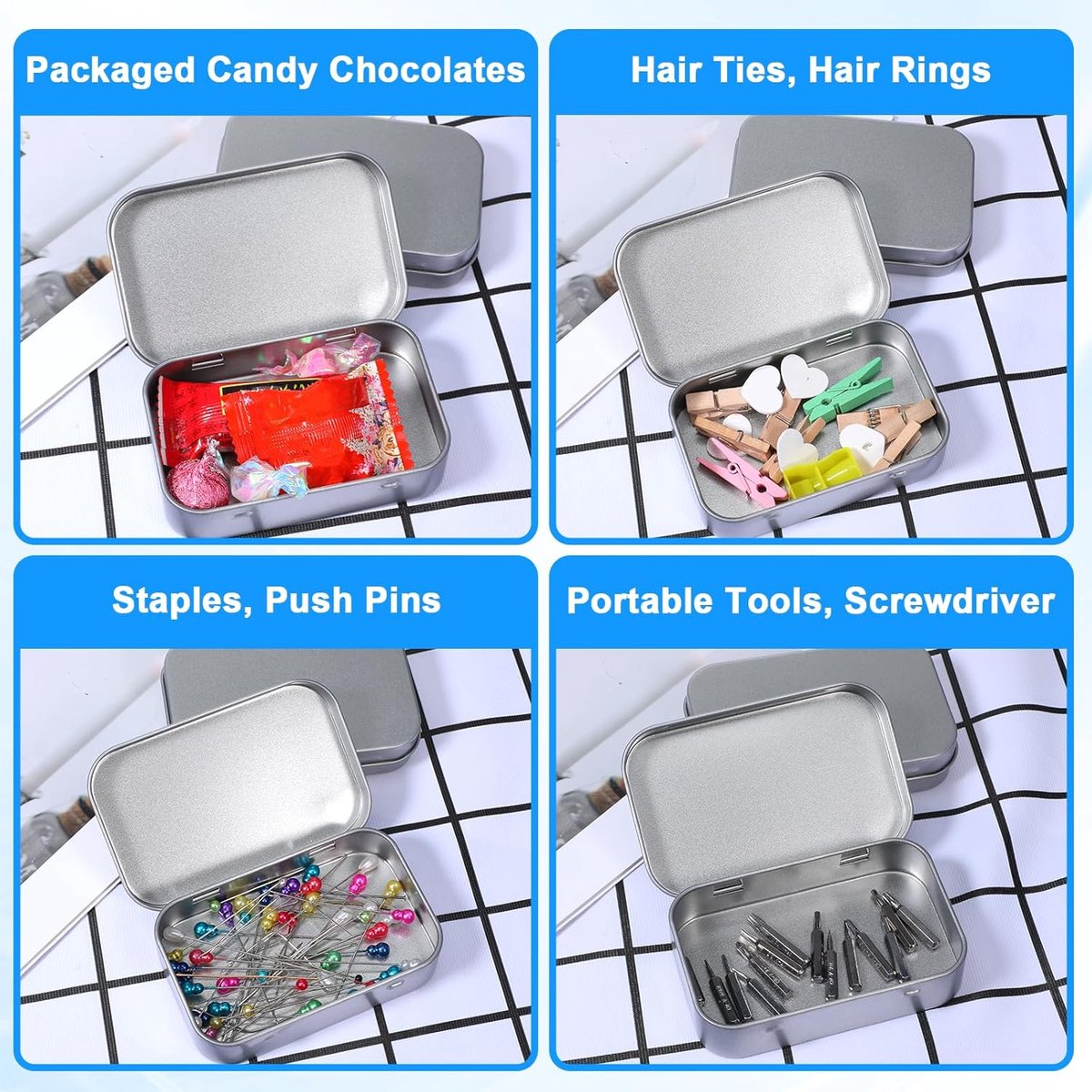 Mini Tin Cans - Pack of 3 - Storage Box - Metal - Hinged Tin Can - With Lid - Rectangular Tin Can - Mini Portable Box - Suitable for Home, Office, Outings and Travel - 95x60x20mm - Silver
