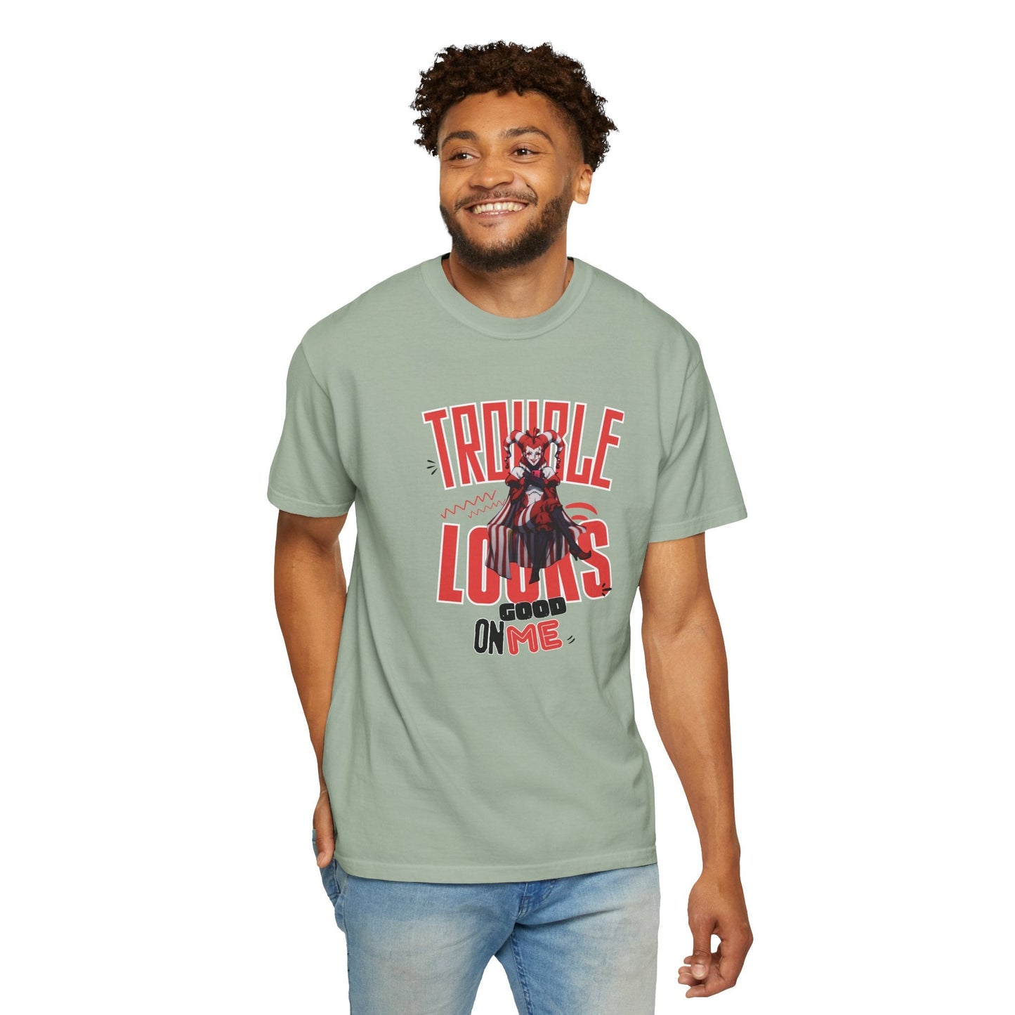 Trouble Looks Good On Me Graphic Tee  Miss Chiff Jester Anime Villain Design  Comfort Colors Unisex