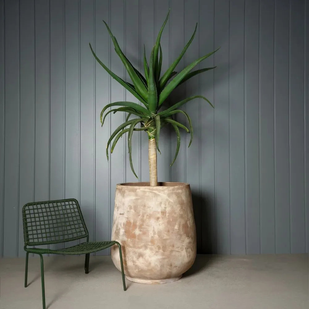 Beige stone-look planter urn with tapered sides and wide opening, holding a spiky plant