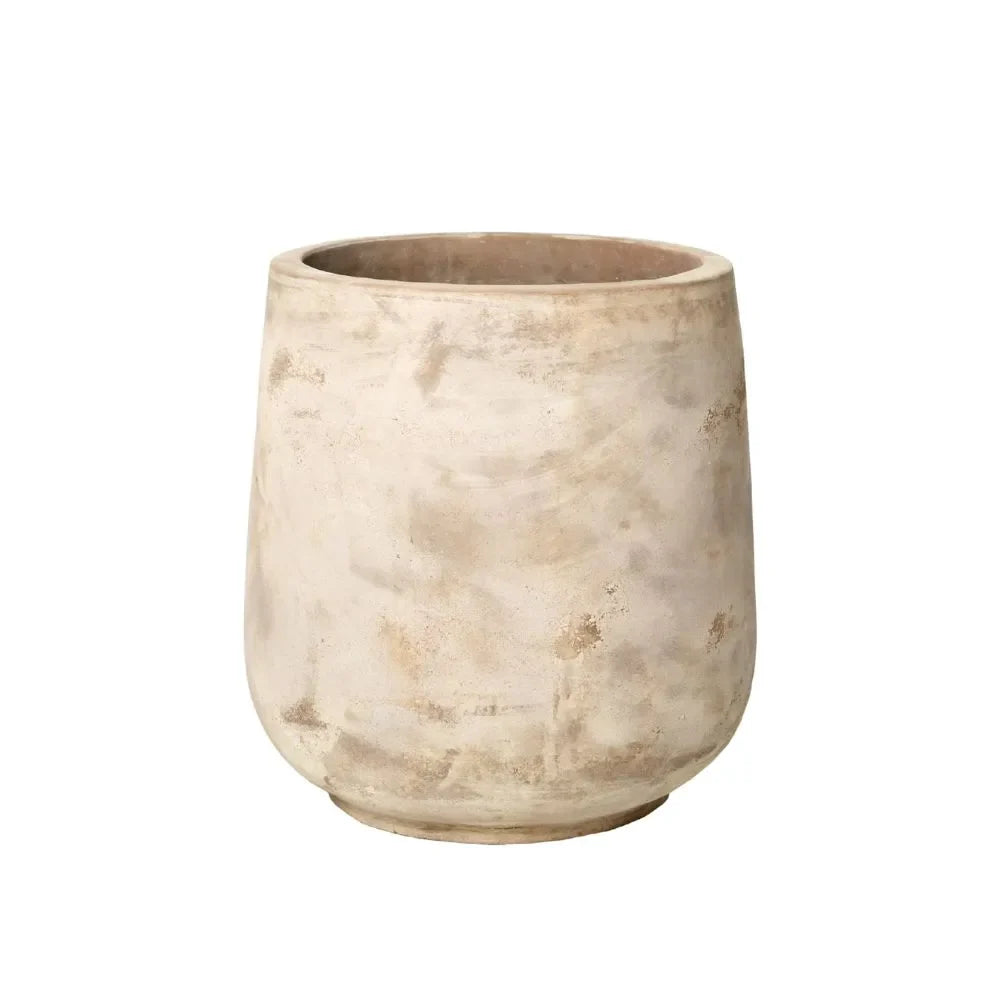 Beige stone-look planter urn with smooth rounded body and open top
