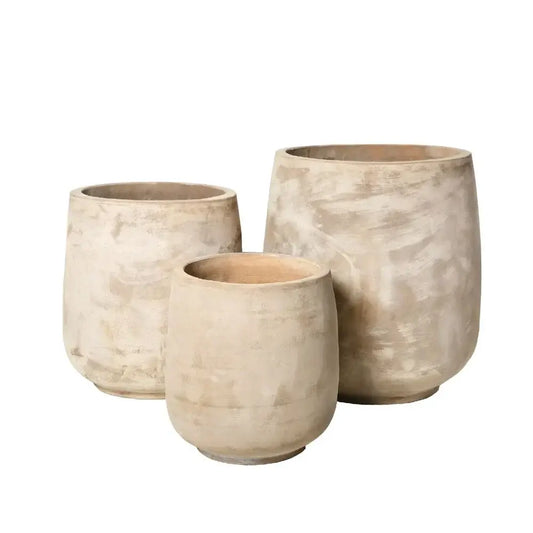Set of three beige stone-look planter urns with rounded bodies and open tops