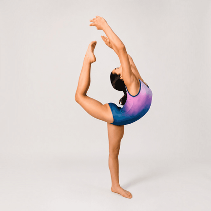 Sleeveless leotard in purple-to-teal gradient with blue scoop neck and leg cut