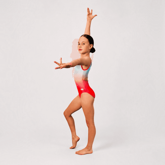 Girls' sleeveless leotard in light blue and red gradient with contrast neckline