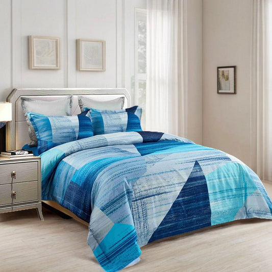 Quilt cover set featuring blue striped textures and large dark-blue geometric shapes