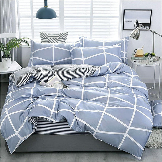 Super king duvet cover set, blue with white grid, includes pillowcases
